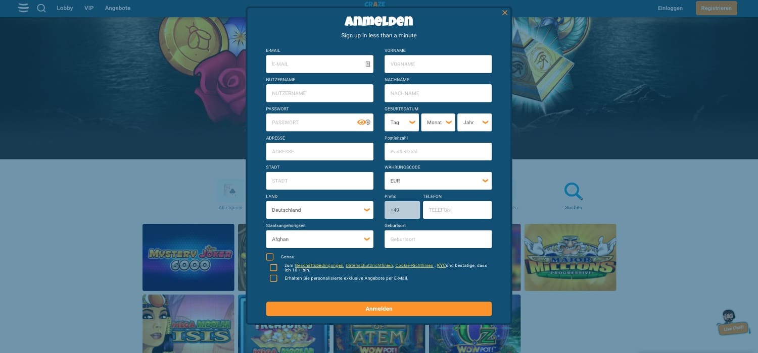 Crazeplay Casino Registrierung