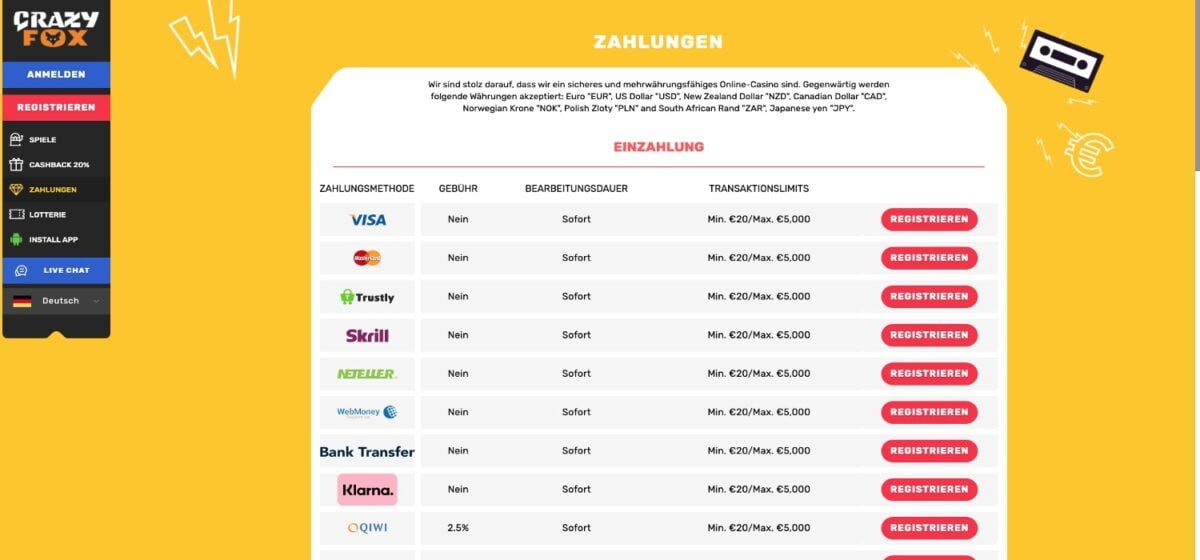 Crazy Fox Casino Zahlungsmöglichkeiten