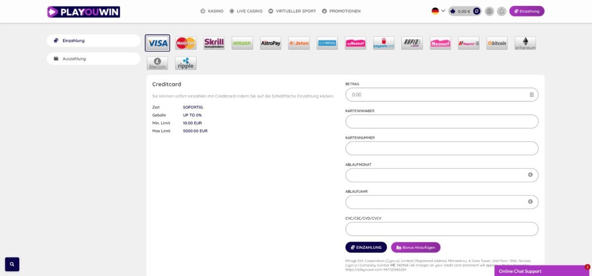 Playouwin Casino Zahlungen