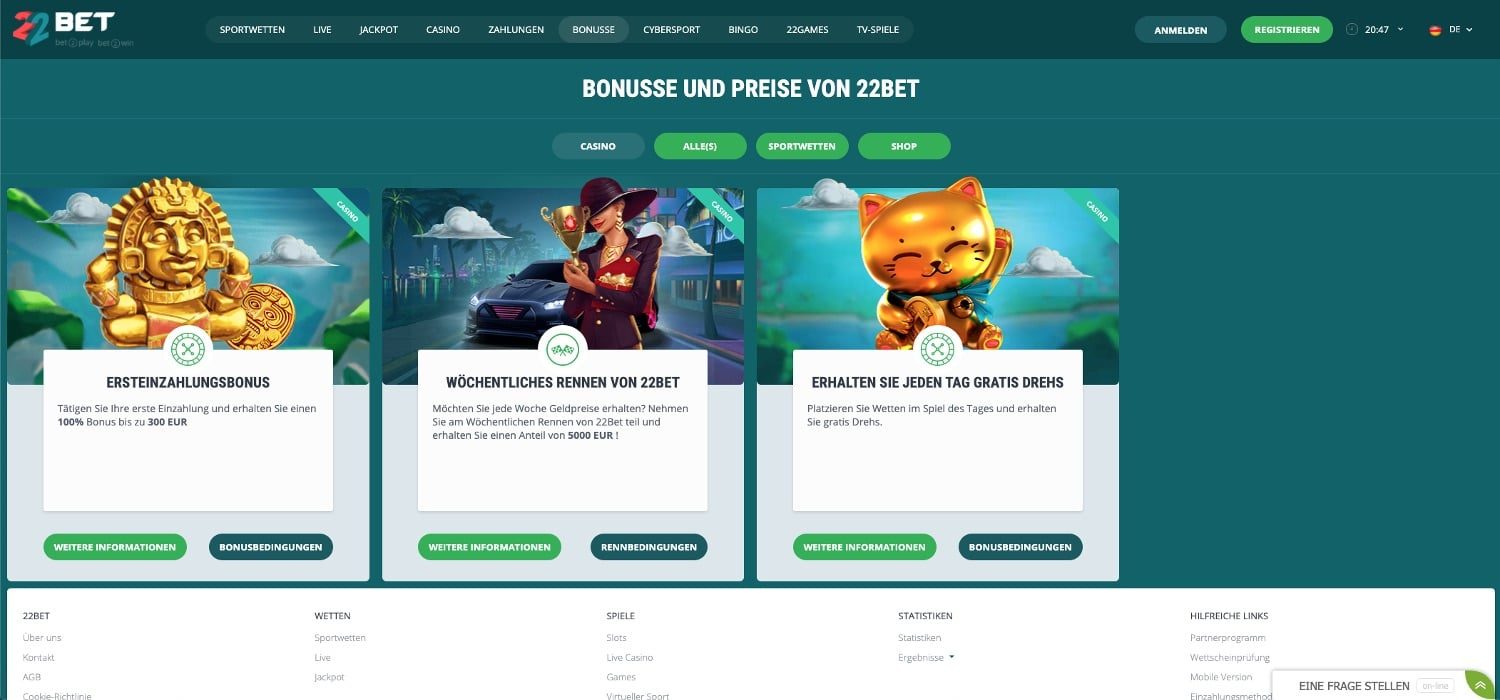 22Bet Casino Aktionen